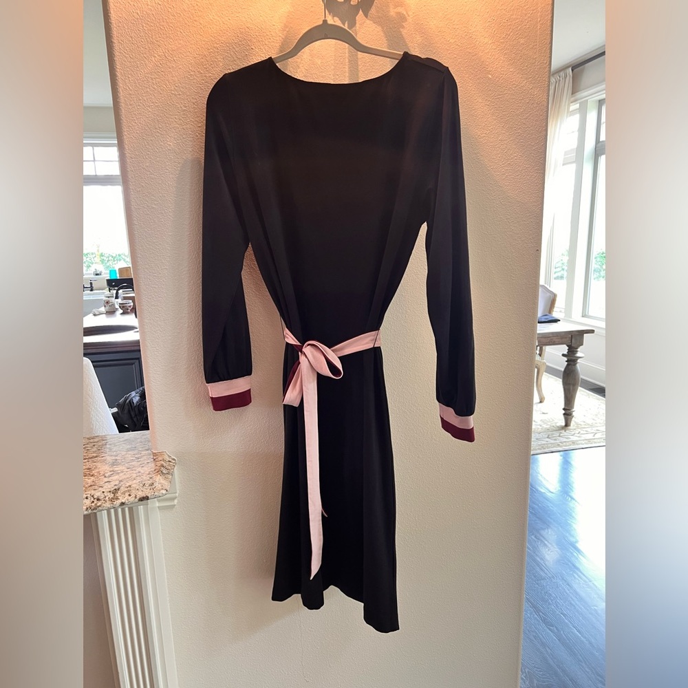 Boden Black Long-Sleeve Dress with Pink Waist Tie and Burgundy Cuff Trim 10L